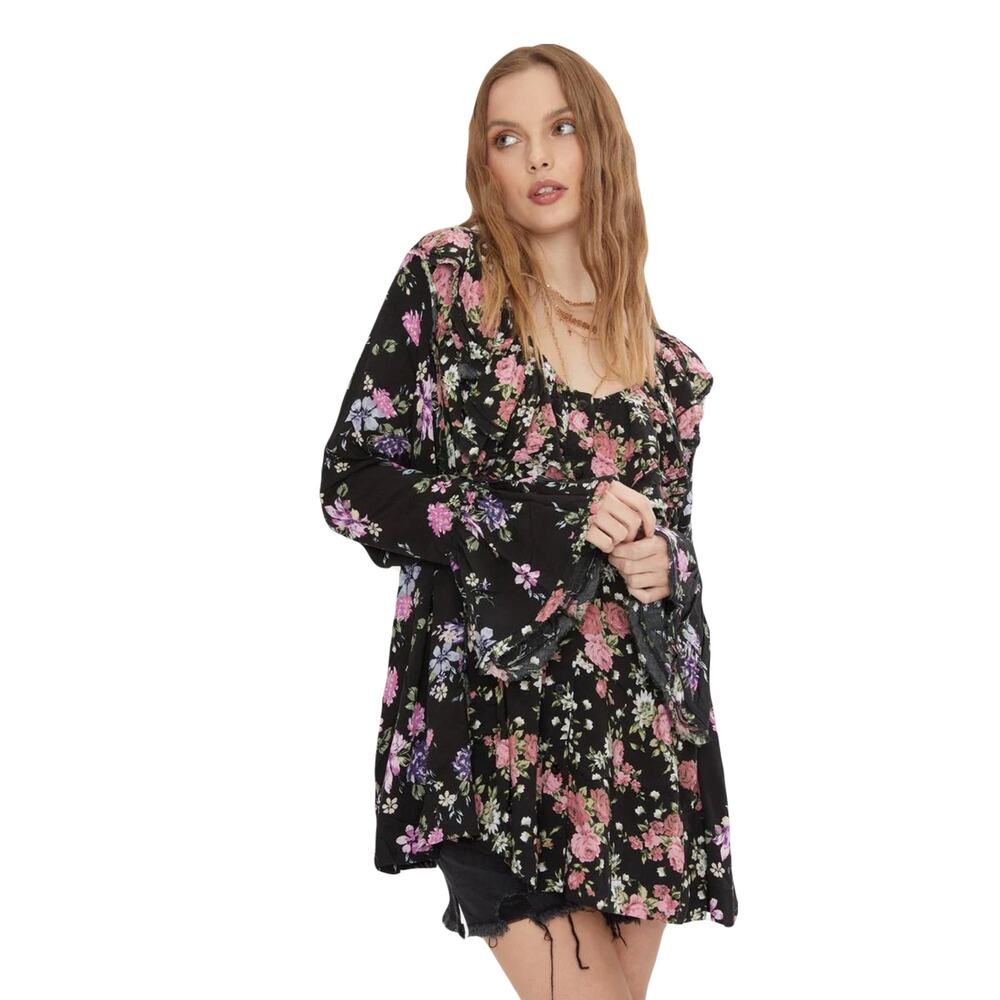 NWOT FREE PEOPLE Tunic S Floral Multi Button-Up RawHem Flared-Long-Slv “Loretta”